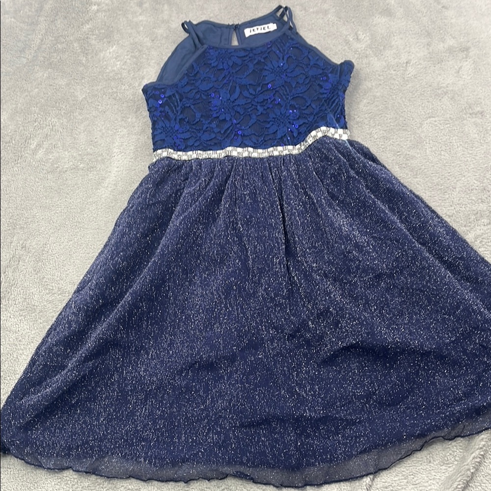 Girls 10 Blue Sleeveless Flowy Glittery Shimmer Beaded Lace Dress